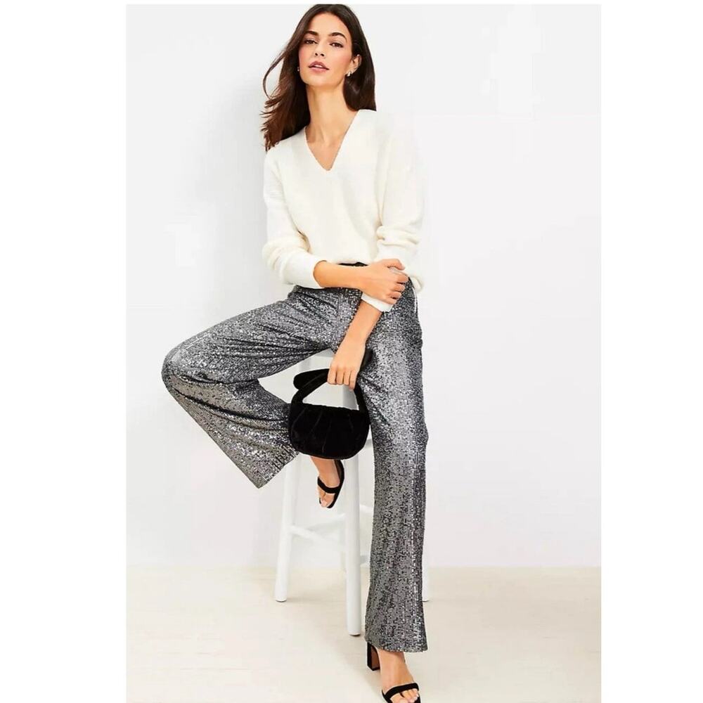Ann Taylor Loft Silver Sequin Straight Pants Sz 10 Petite Holiday Cocktail Party